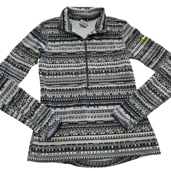 Nike Pro Pullover Womens Medium Grey Fair Isle Stripe Hyperwarm Dri Fit 1/2 Zip - Picture 1 of 8